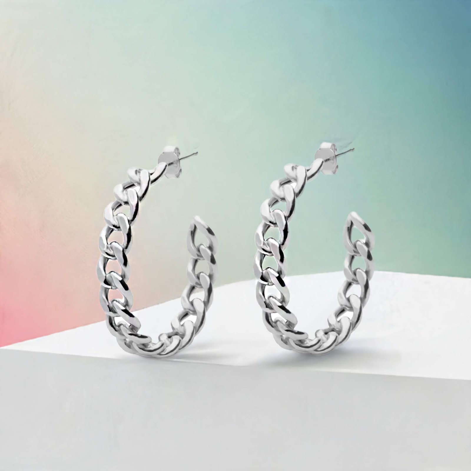 20 mm Cuban Chain J-Hoop Earrings in Sterling Silver - Image 3