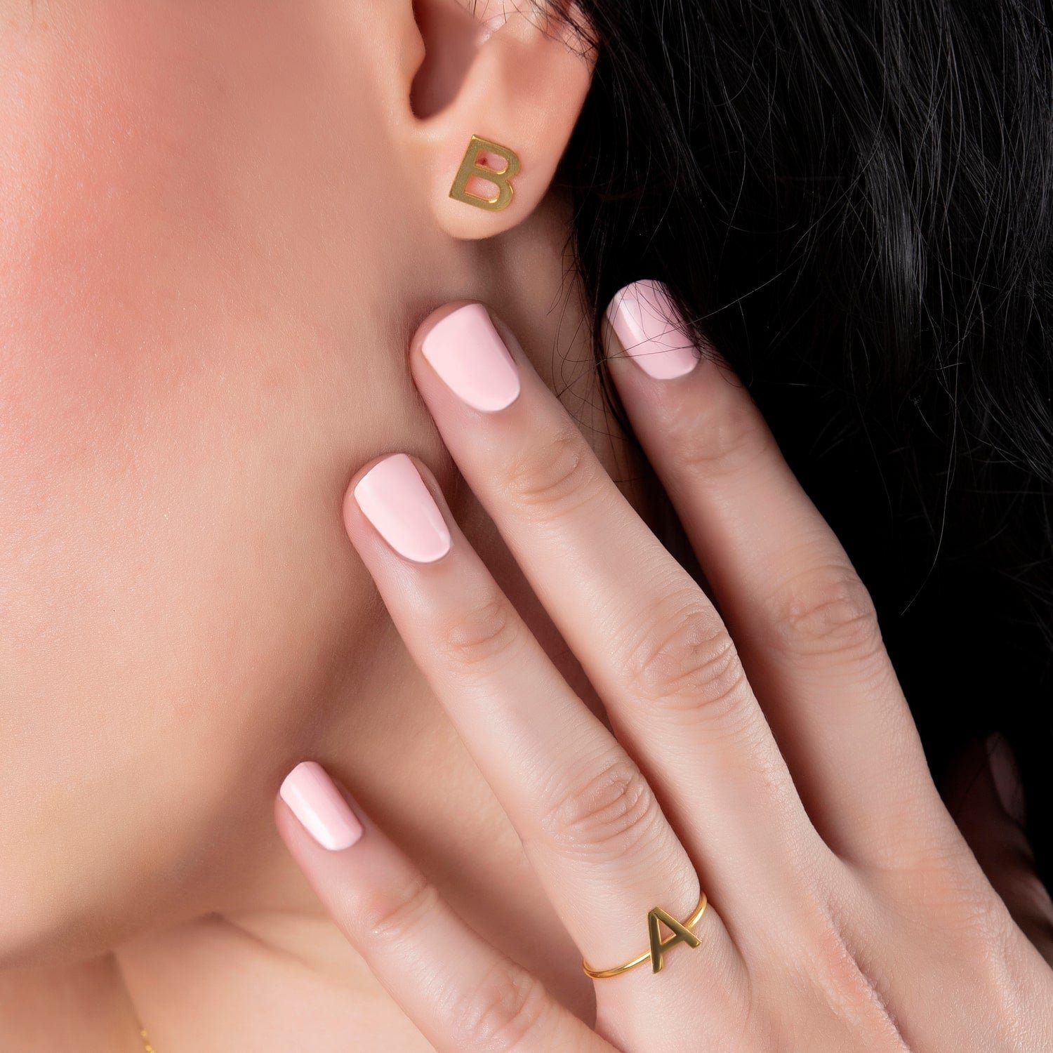 Set Stud Earrings and Ring Gold-Plated AB Letters